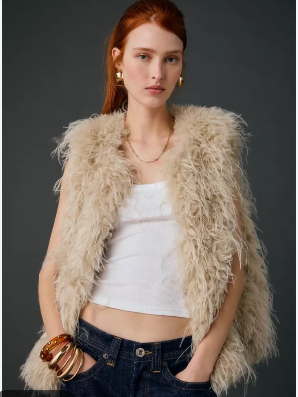 Shaggy Faux Fur Vest in Ivory Cream by Cara (C)